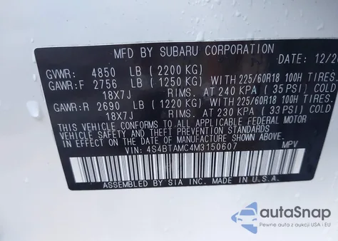 2021 Subaru Outback Limited z USA, uszkodzony, nr VIN 4S4BTAMC4M3150607